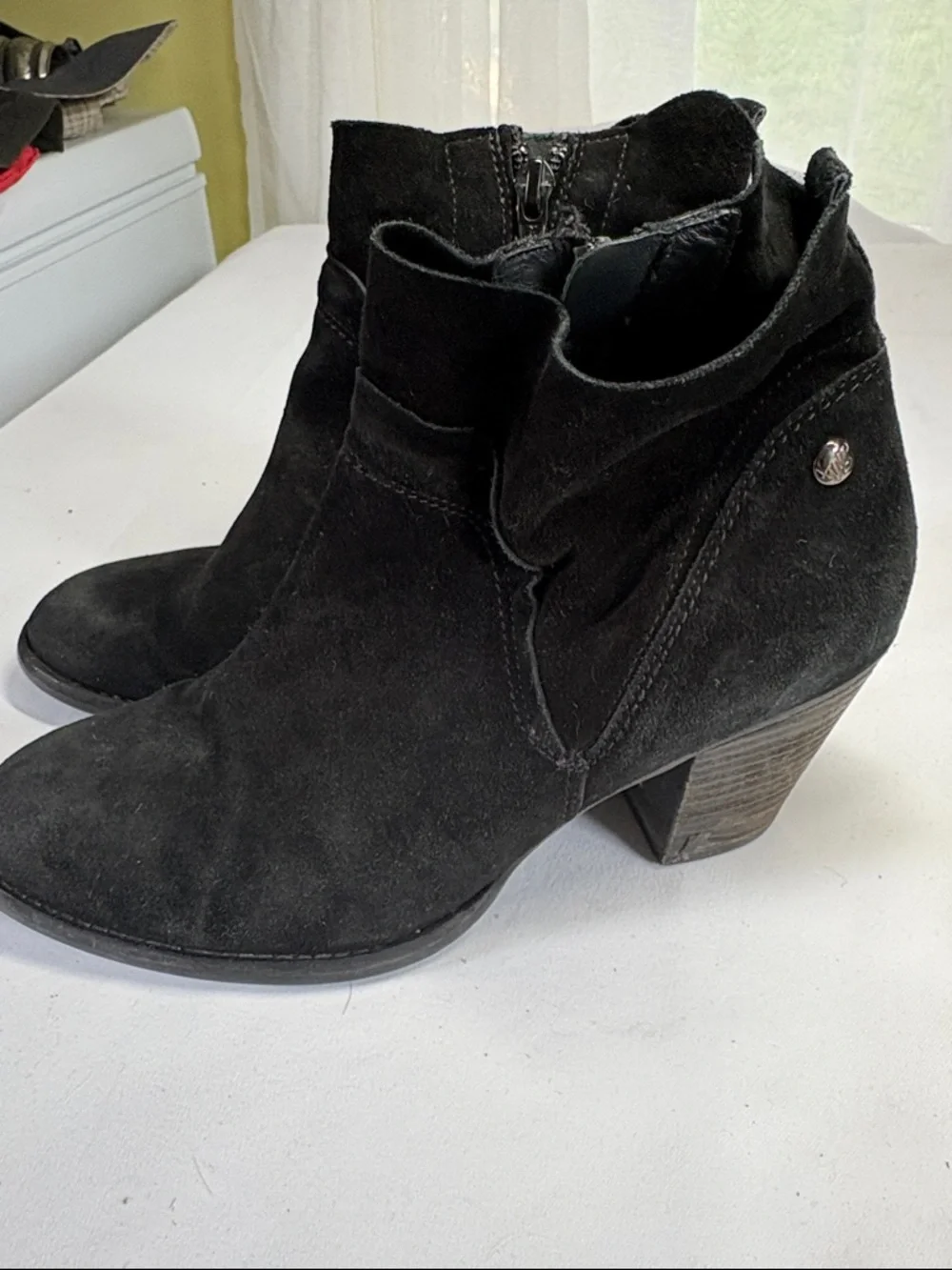 Paul Green Black Suede Ankle Booties with Stacked Heel 5.5